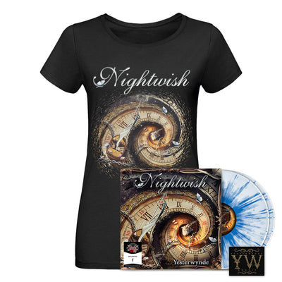 Nightwish, Yesterwynde, Numbered White Blue Splatter 2LP Vinyl + Women's T-Shirt + Patch, Bundle